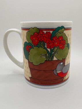 Vintage Geranium Takahashi Mug Bird & Flowers Folk Art Whimsical